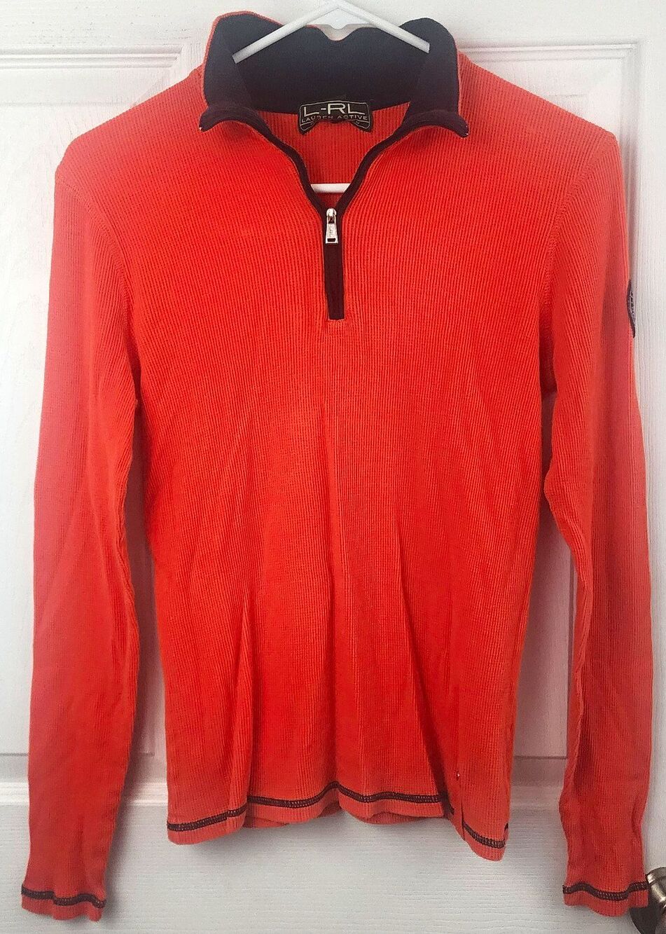 L-RL Lauren Active Ralph Lauren Orange Waffle Cotton 1/4 Zip Mock Neck M